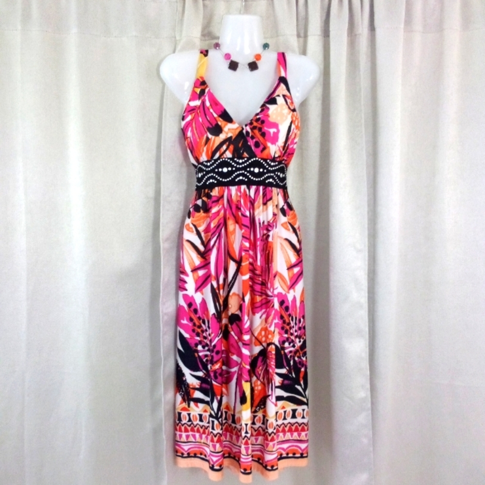 Studio West Apparel Tropical Print Dress with Studded Waist Size M